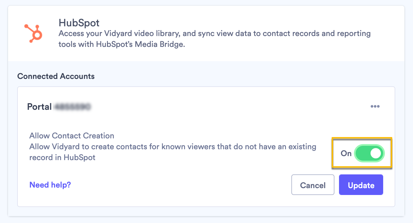 Enabling the integration setting to allow Vidyard to create new contacts in HubSpot