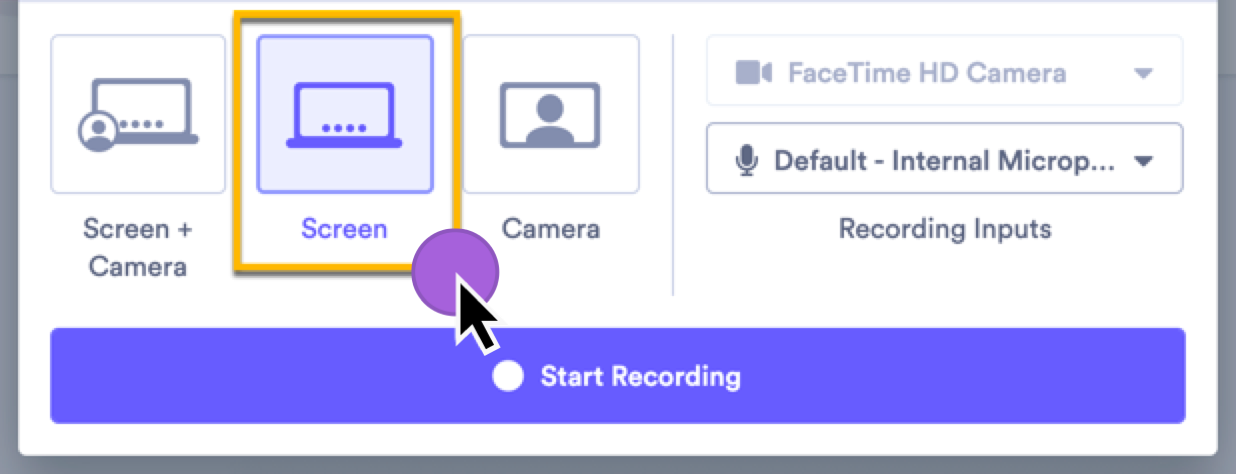 Vidyard video recording window with selection to record your camera or screen