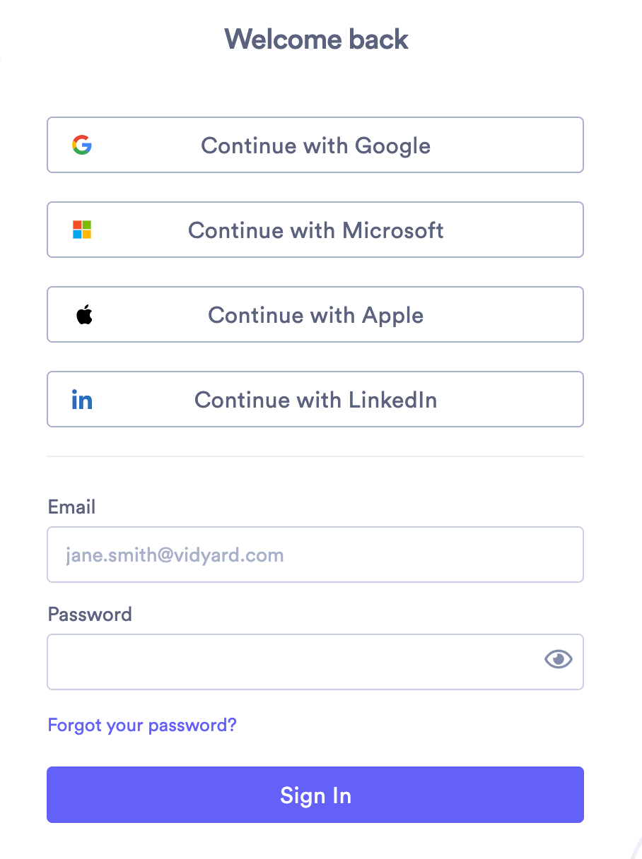 Vidyard login screen with social sign in options or email and password