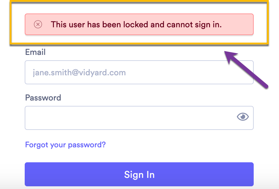 Vidyard login screen with error showing account is currently locked