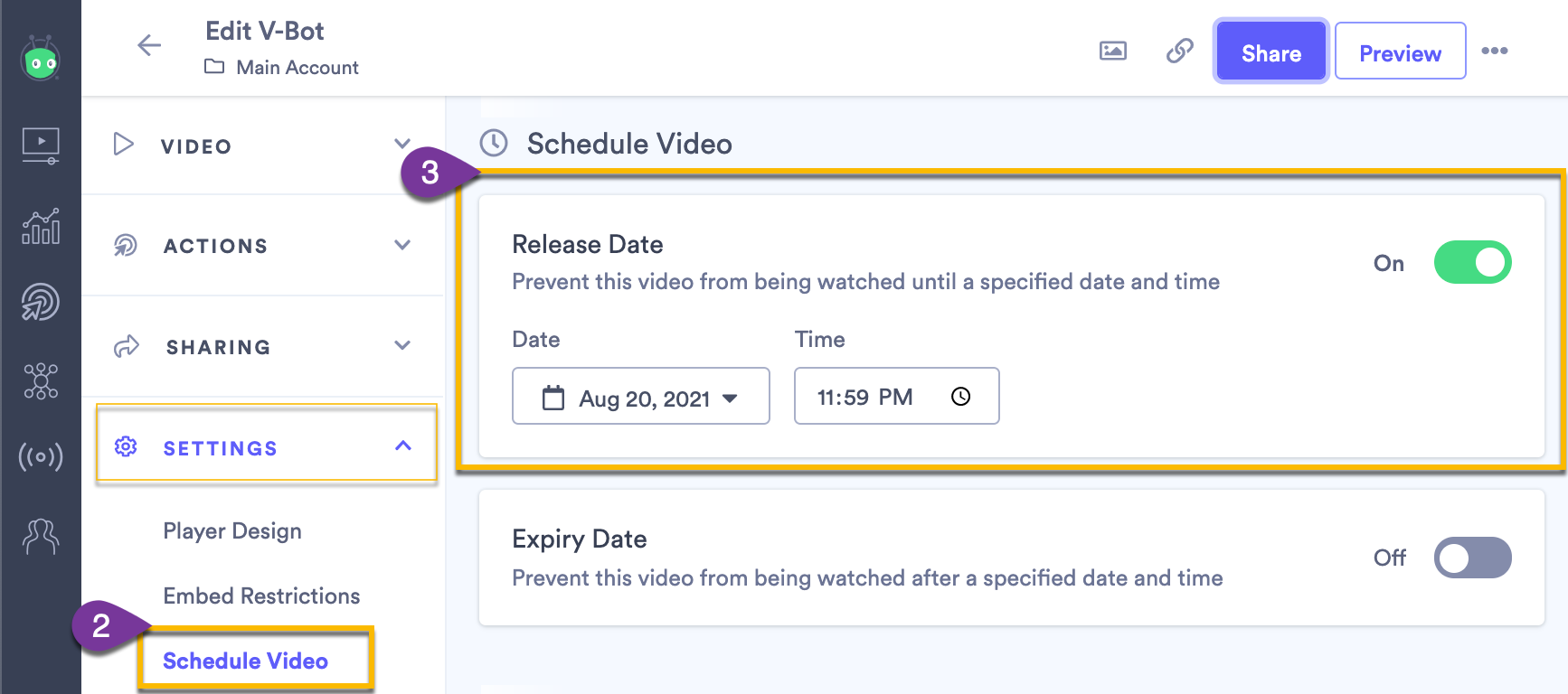 Video Settings page with option to schedule release time and date