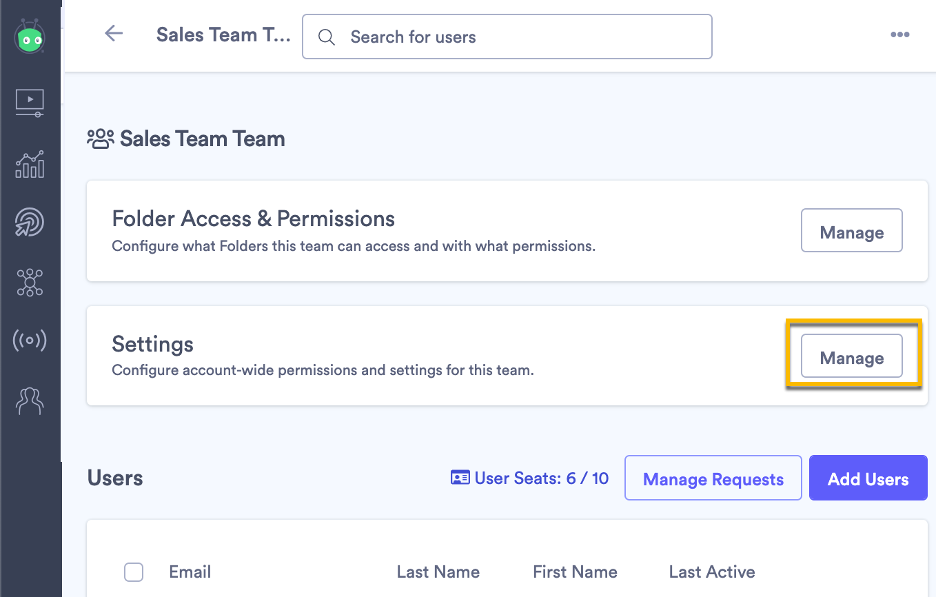 Selecting the manage button to change account-wide permissions in Team Settings
