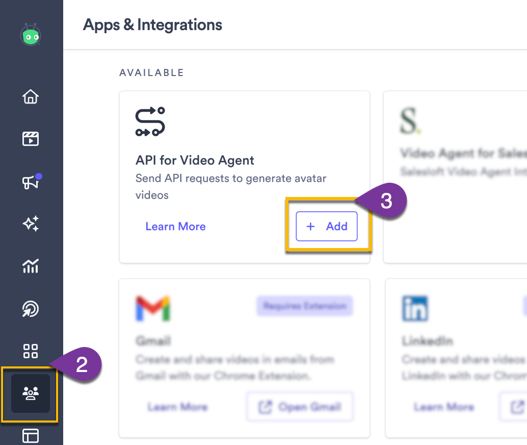 Vidyard integrations page with button to add API for Video Agent integration highlighted