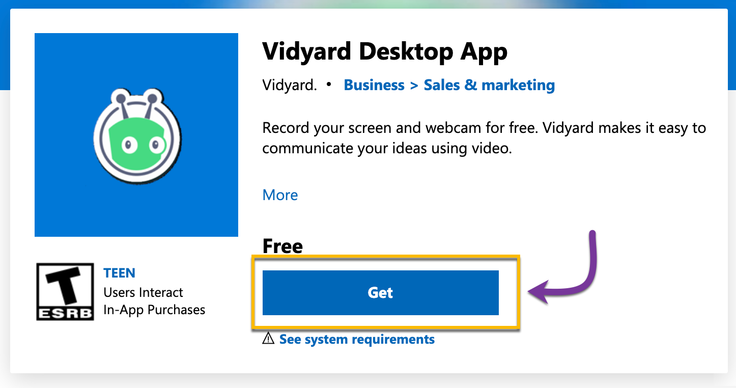 Vidyard app page on Windows app store