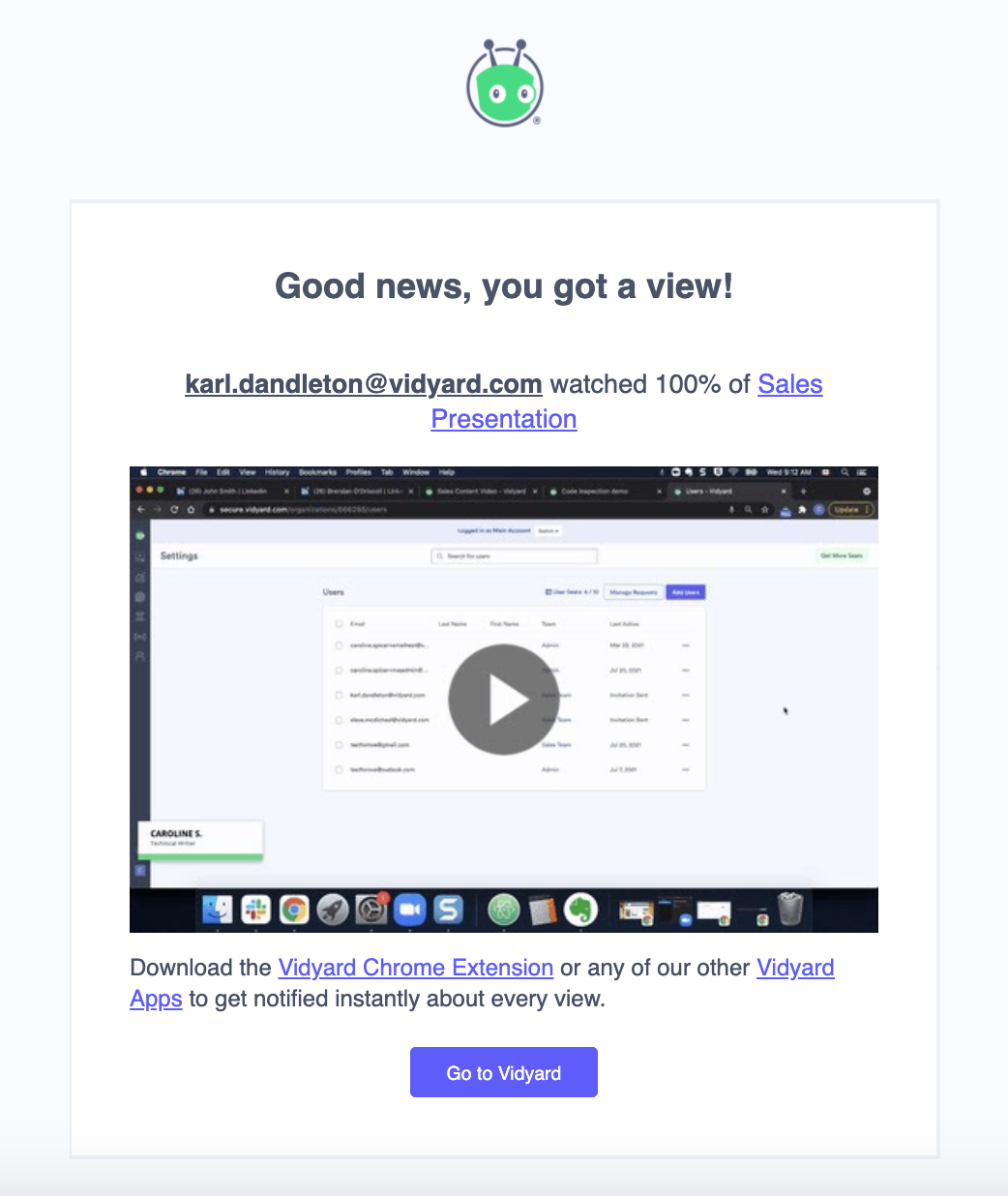 Email notification with video viewed and viewer information