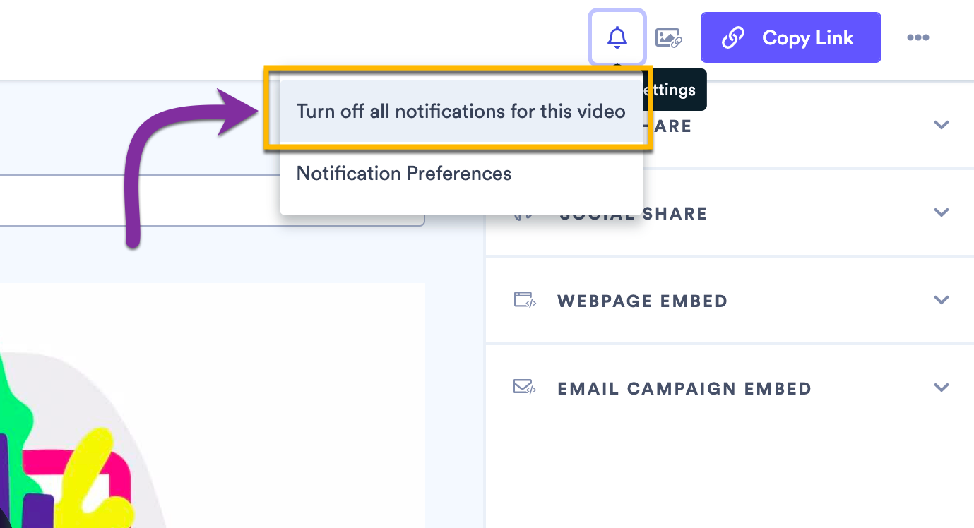 Video edit page with notifications settings bell selected, showing ability to manage notifications