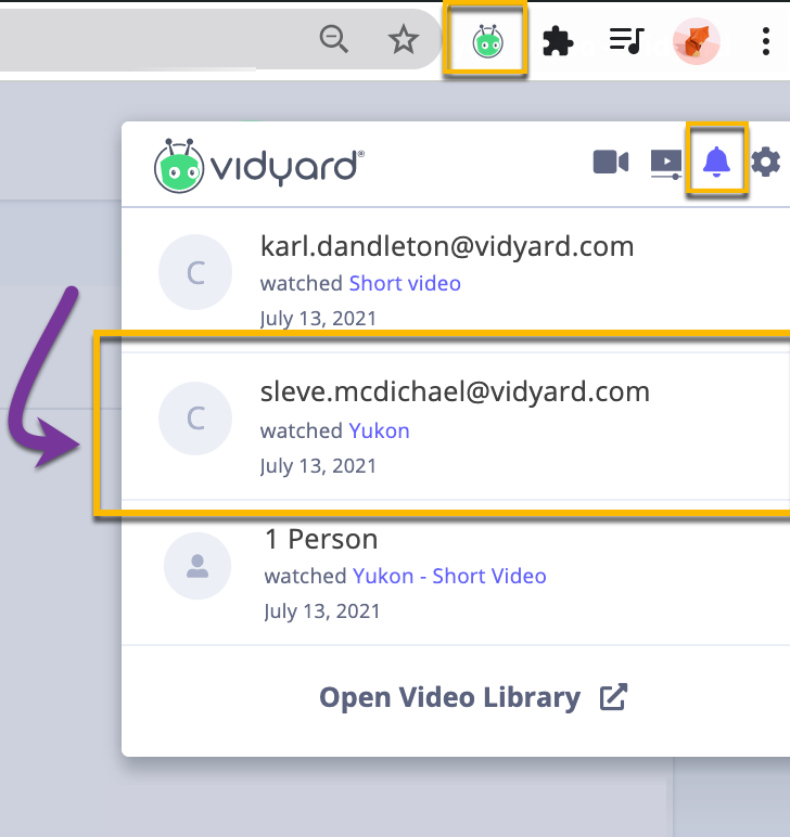 Vidyard Chrome extension showing video views on the notification feed