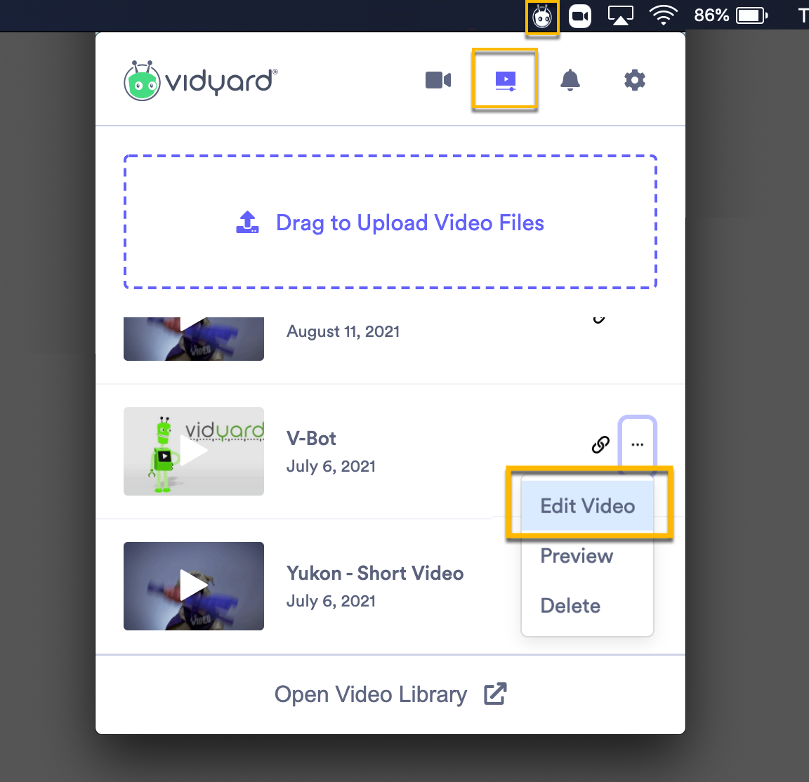 Vidyard desktop app library section with settings menu open and edit video selected