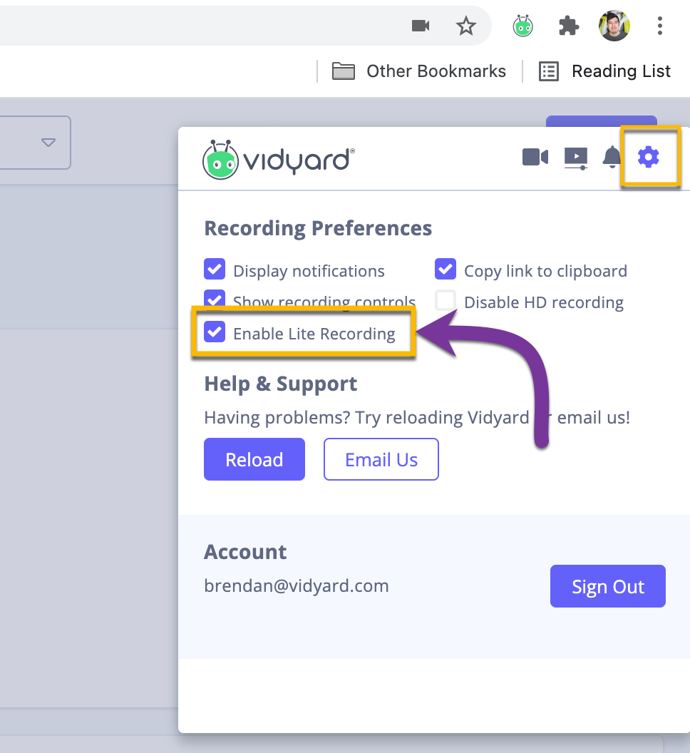 Enabling Lite Recording in the browser extension