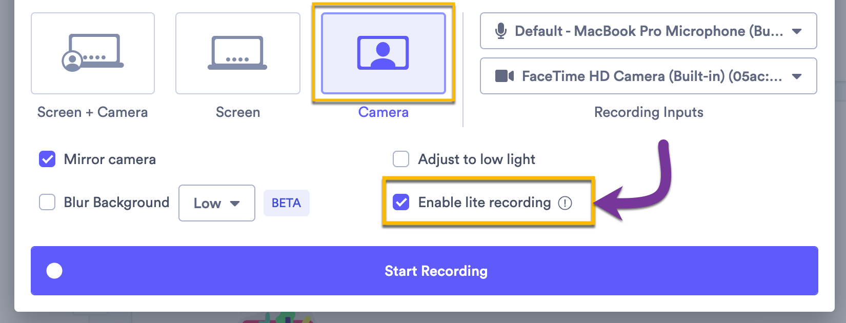 Enabling the Lite Recording setting in Camera capture mode