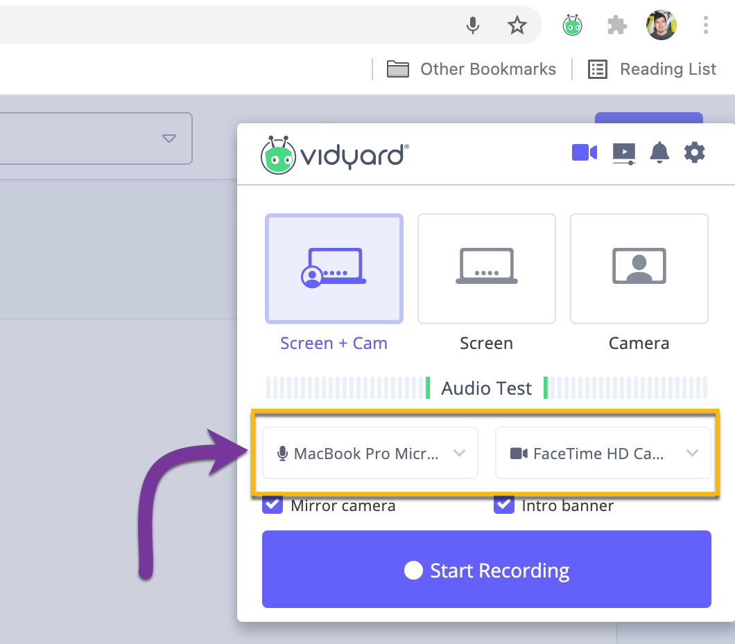 Changing your camera and microphone sources in the browser extension