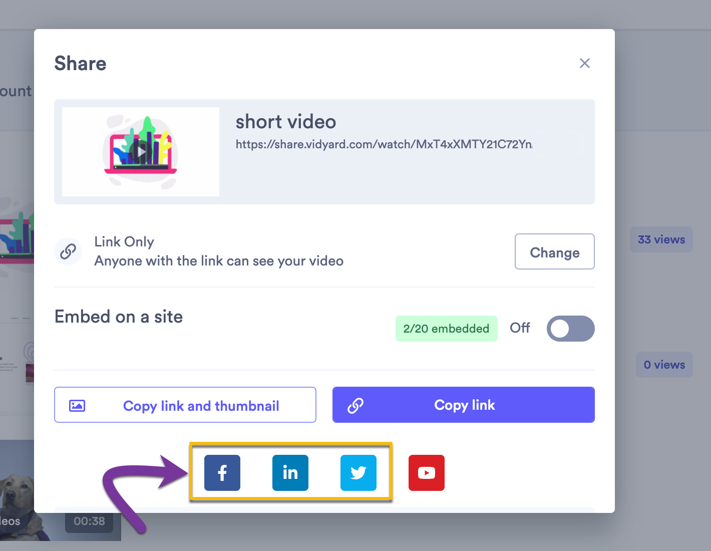 Selecting one the buttons for Facebook, LinkedIn or Twitter to share a video link directly to your social channels