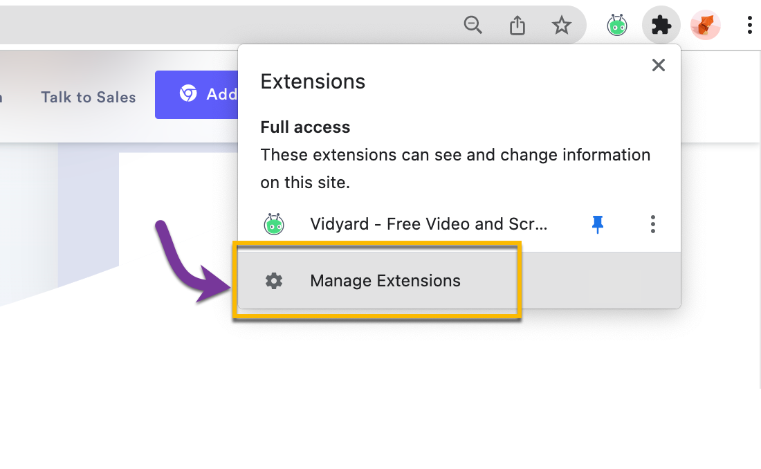 Right clicking on the Vidyard extension icon in your browser