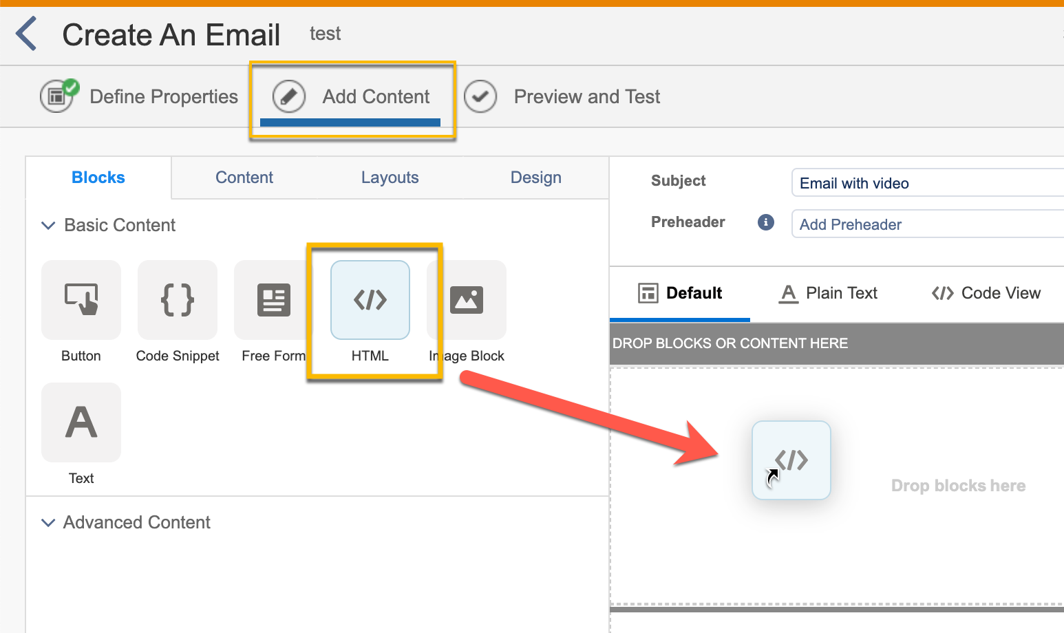 Dragging an HTML content block on the email editor