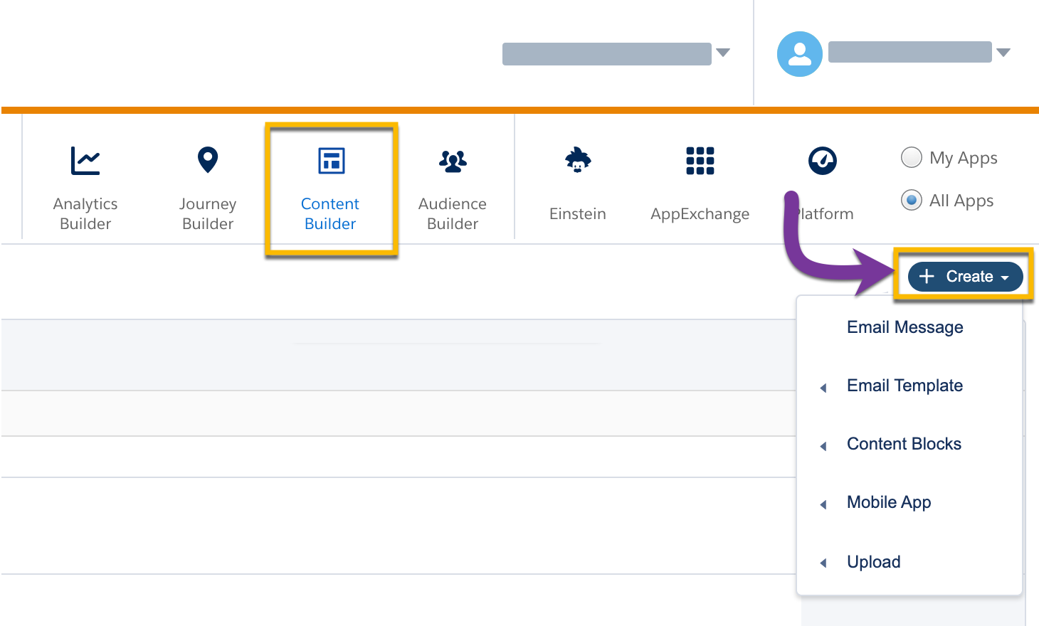 Opening Content Builder in Salesforce Marketing Cloud to create a new email
