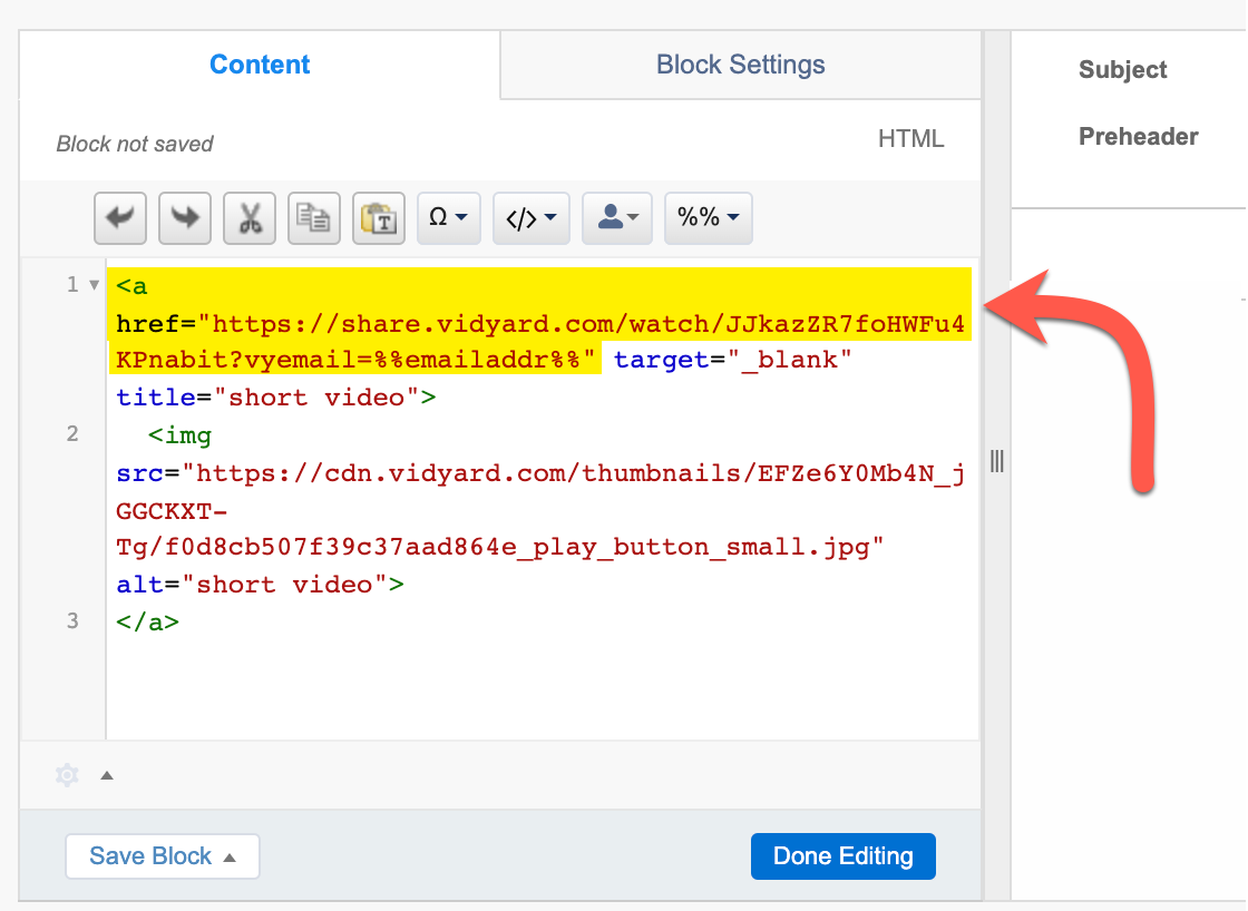 Adding Marketing Cloud's personalized string for your recipients' emails to the embed code. This ensures that each recipients who clicks on the link is identified in Vidyard