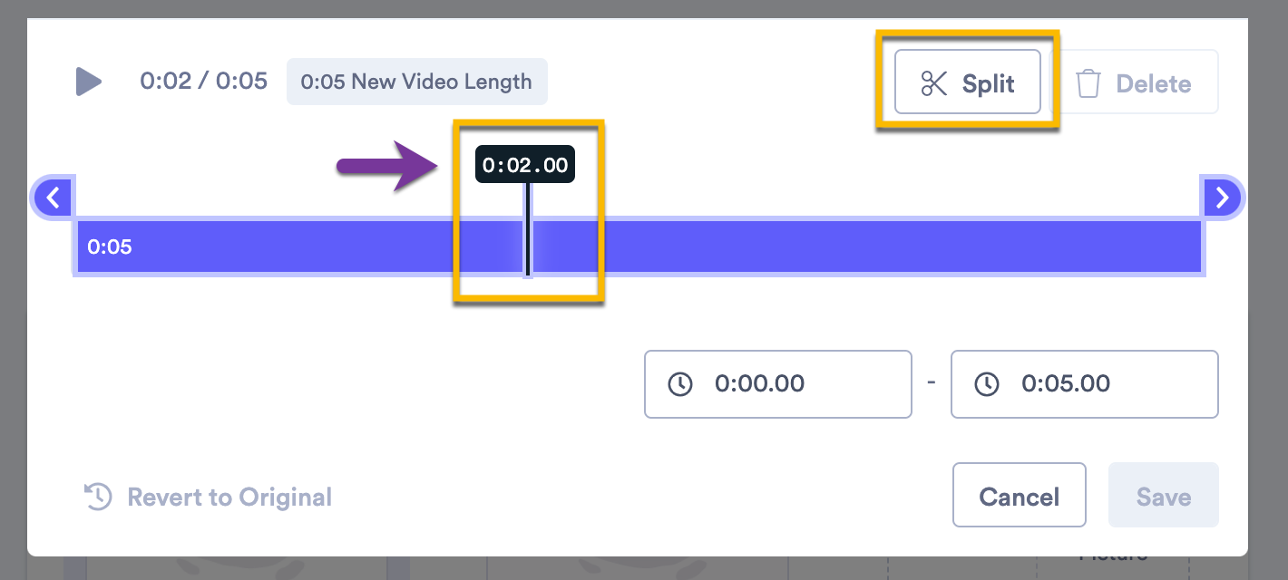 Video trim timeline showing how to move playhead to desired section and split into clips