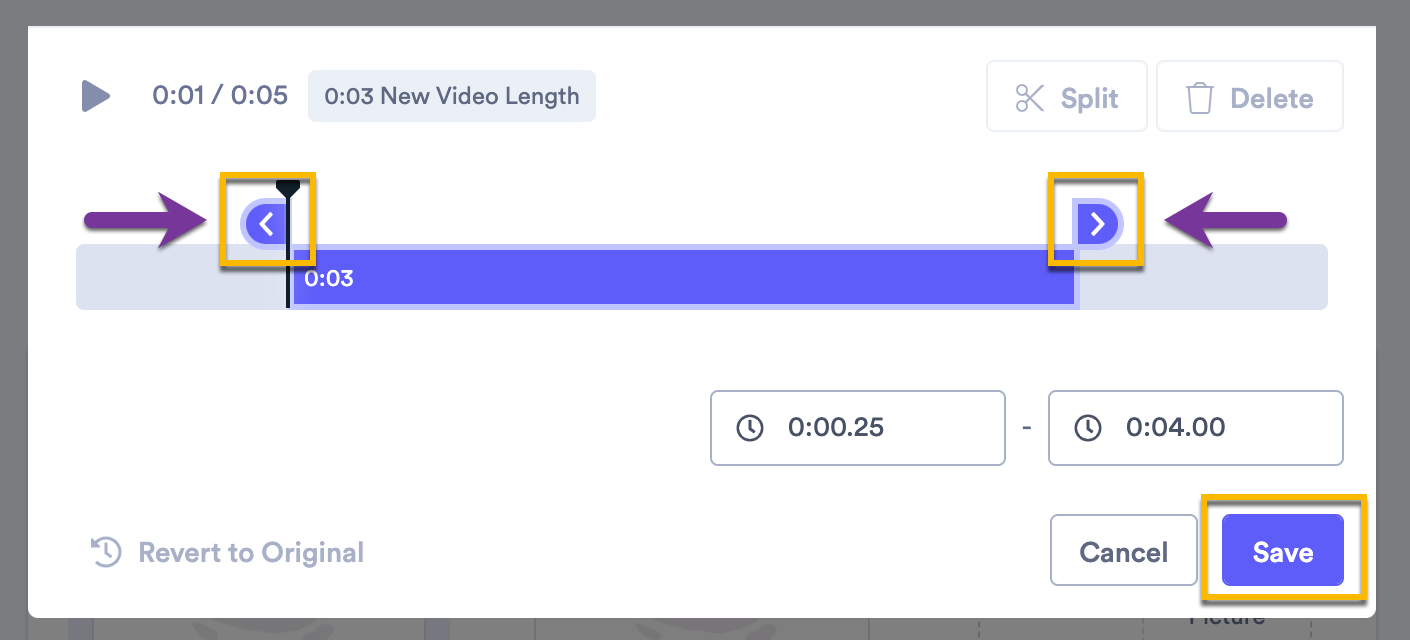 Video trim timeline showing a clip with clickable handles and focus on save button to complete changes