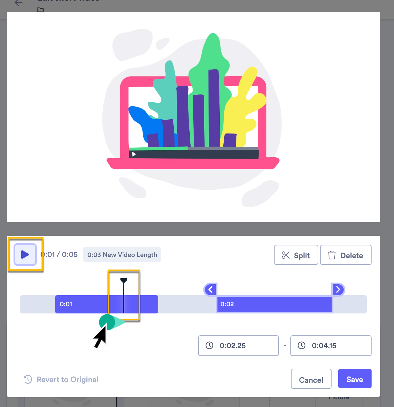 Trim timeline and video window showing how to place playhead and start preview