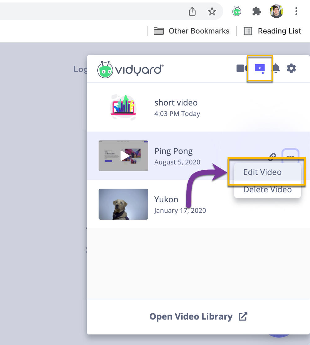 Vidyard browser extension with library page open and video's menu button selected