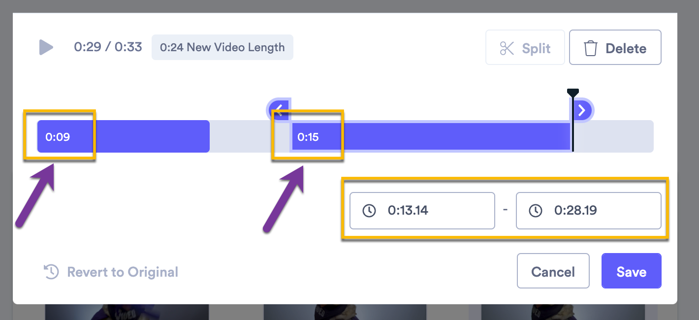 Video trim timeline showing timestamps at the head of each clip, and in boxes below timeline