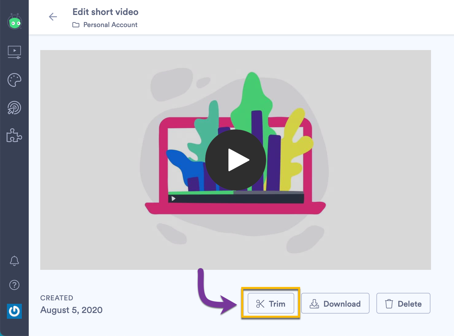 Vidyard video edit page with Trim button below video preview thumbnail