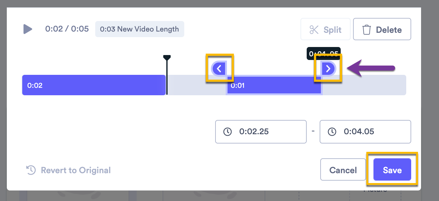 Video trim timeline showing 2 clips, one selected with clickable handles to adjust size