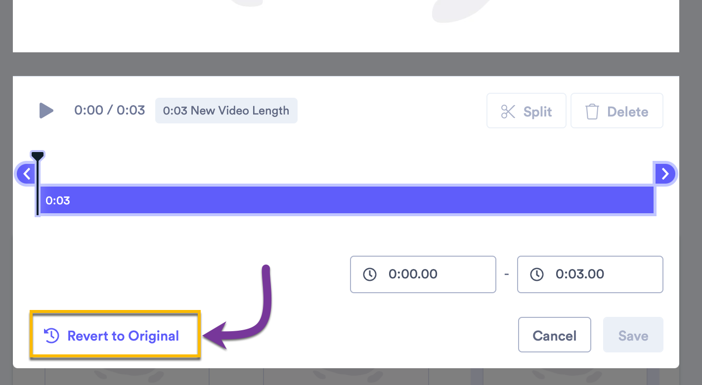 Video trim timeline with emphasis on button that allows reverting to original video file