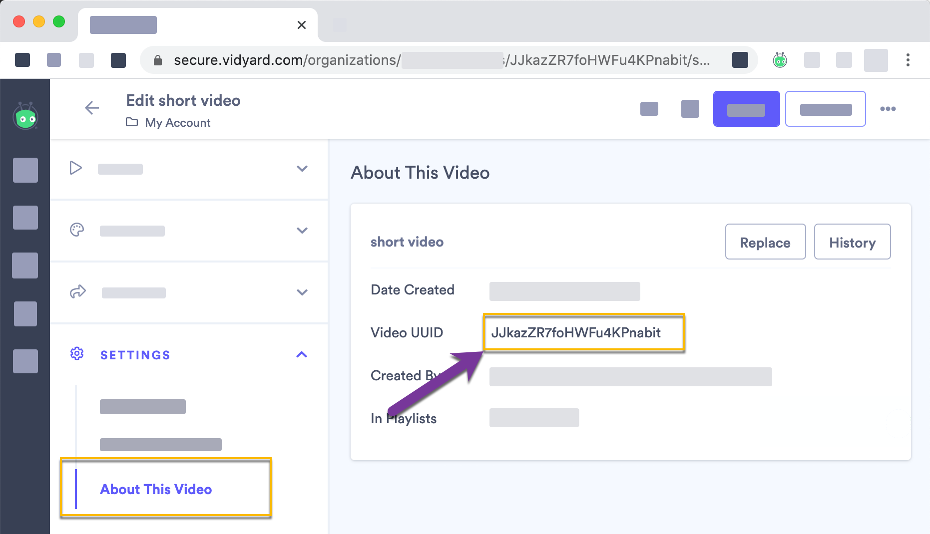 Vidyard video edit page's About This Video section, showing UUID and other information