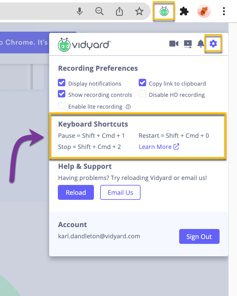 Vidyard Chrome extension settings panel showing current keyboard shortcut setup