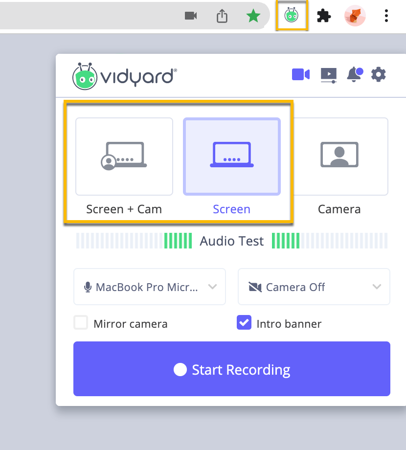Selecting screen or screen and cam option from the extension