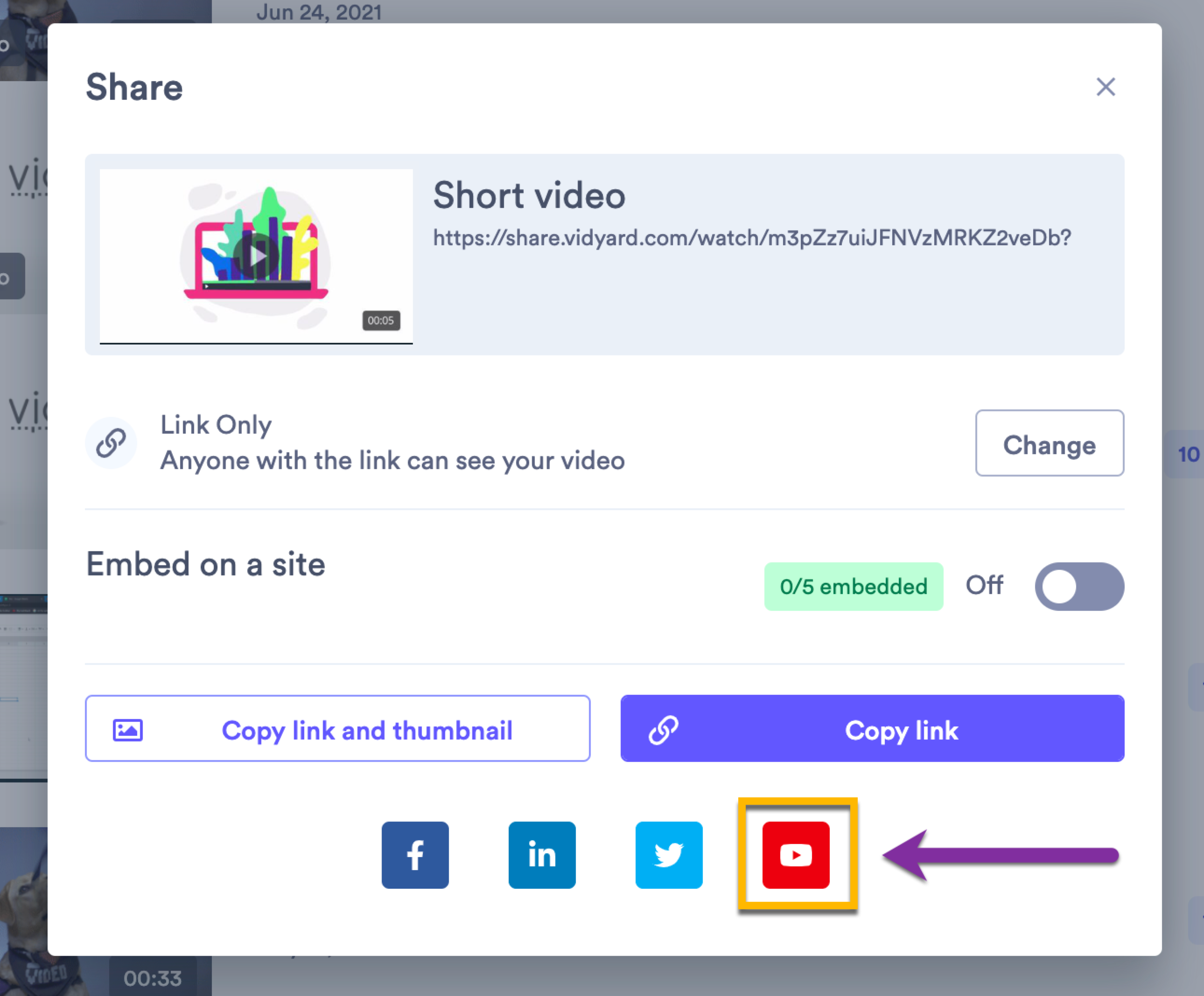 Vidyard share page with option to push video to YouTube