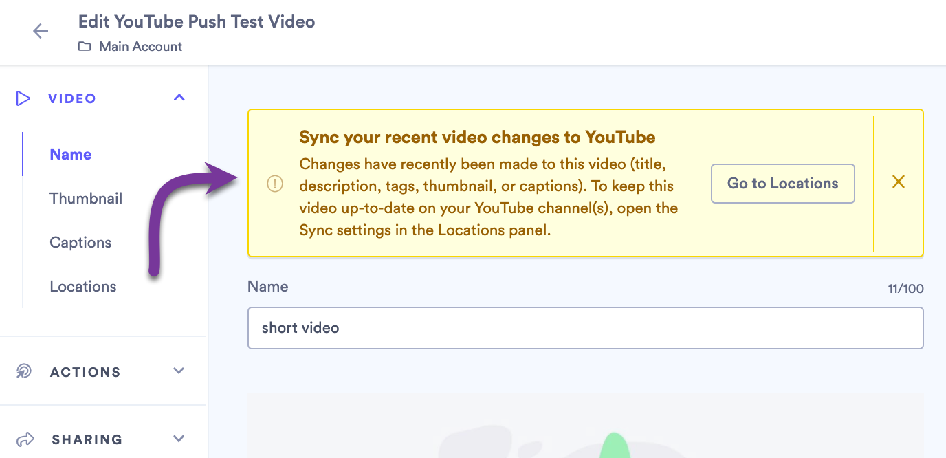 Banner that shows that details have been changed on the Vidyard video and it no longer matches the YouTube copy