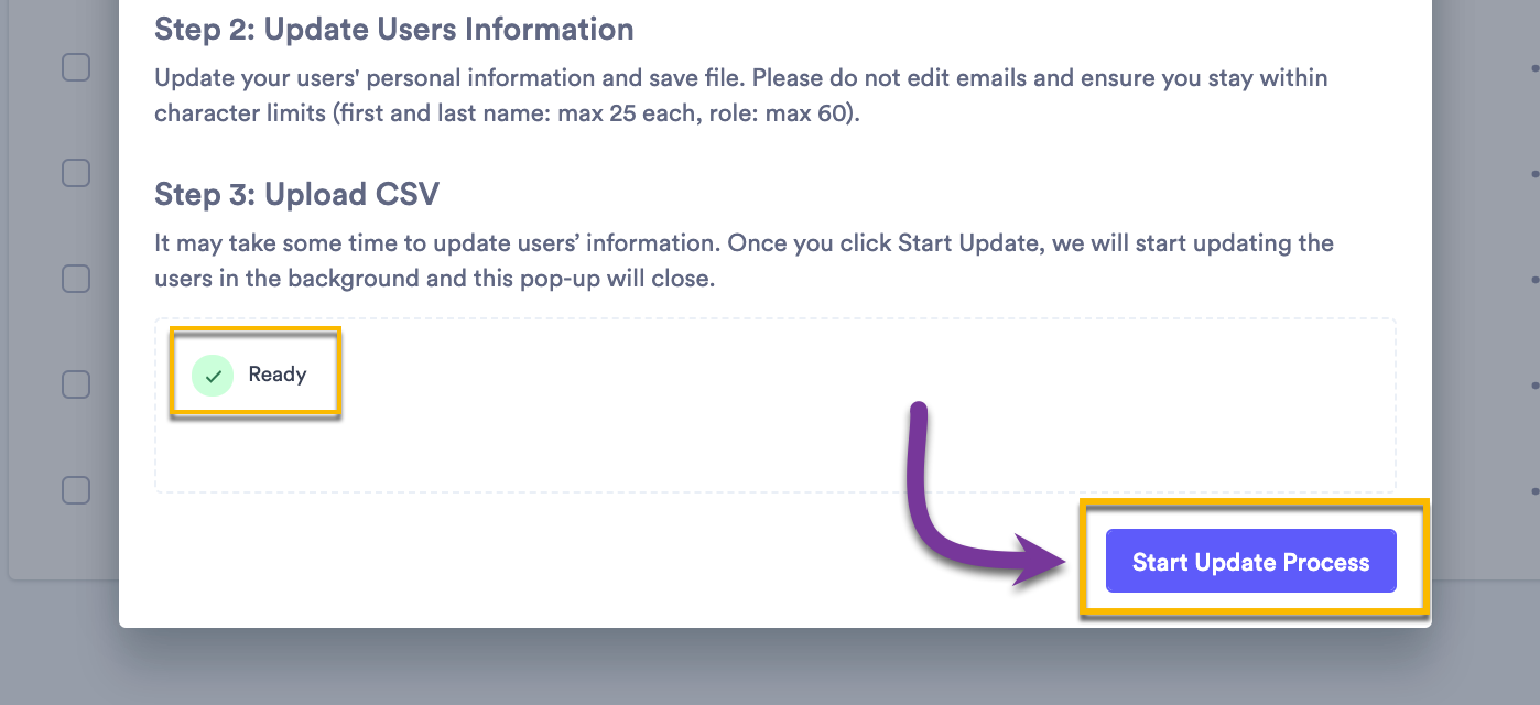 Button to start user update process with notification that CSV file has been correctly uploaded