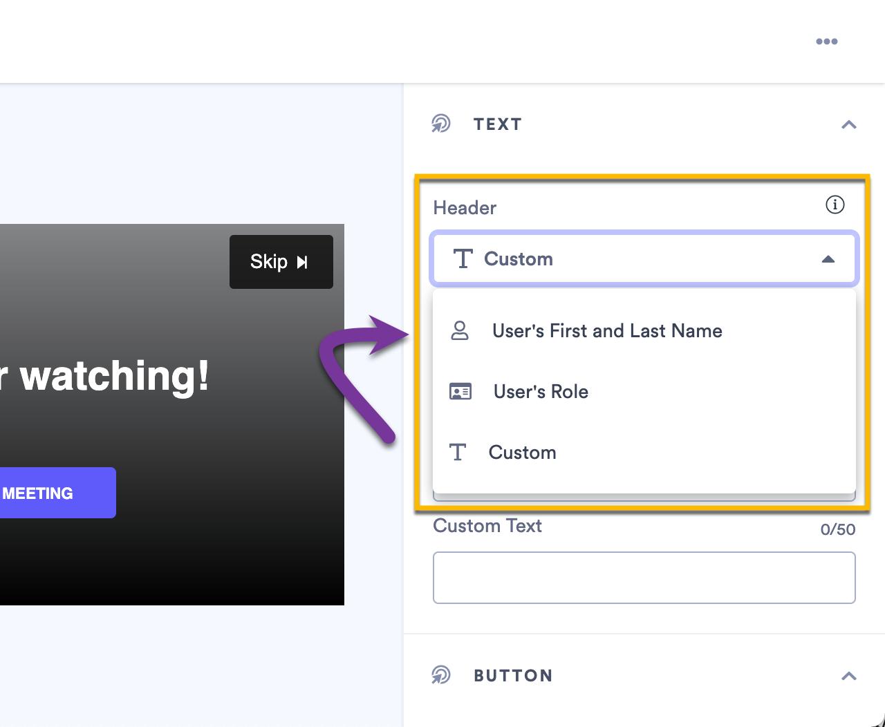 Opening Header menu of a personalized action showing the option to select from name, role, or custom text