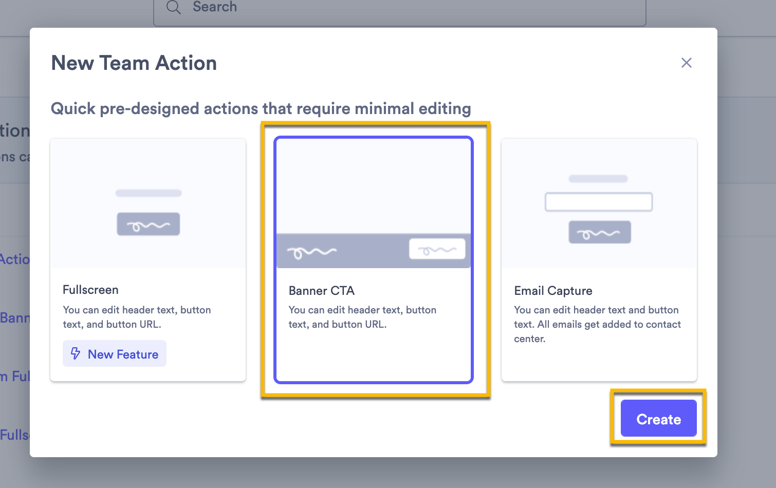 Action type selection screen showing all available actions to choose from