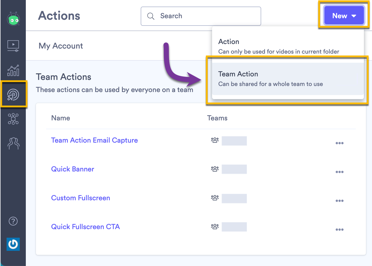 Vidyard Actions page showing button to create new type of Action