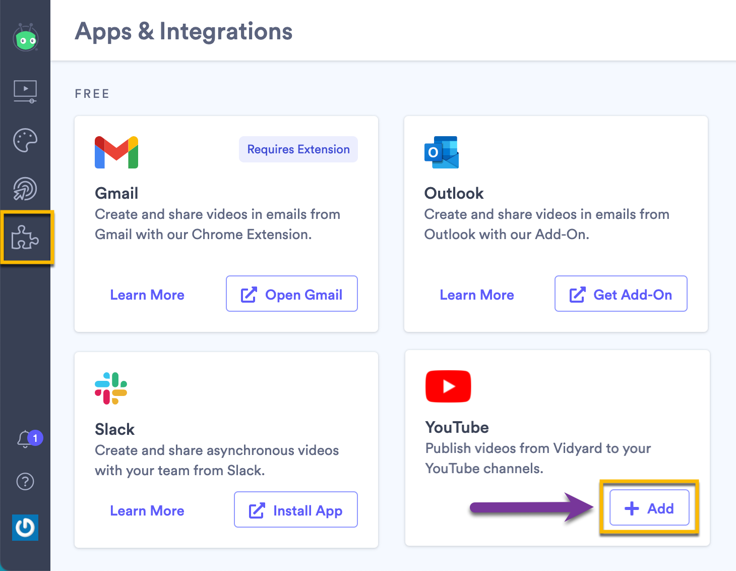 Select the Add button next to YouTube on the integrations page in Vidyard