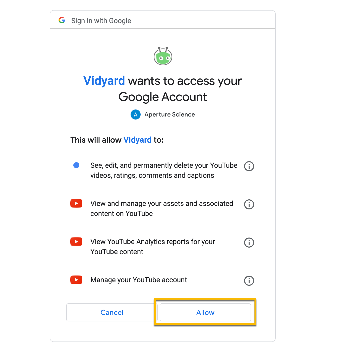 A prompt from Google indicating what aspects of your account Vidyard will have access to, with the option to Allow