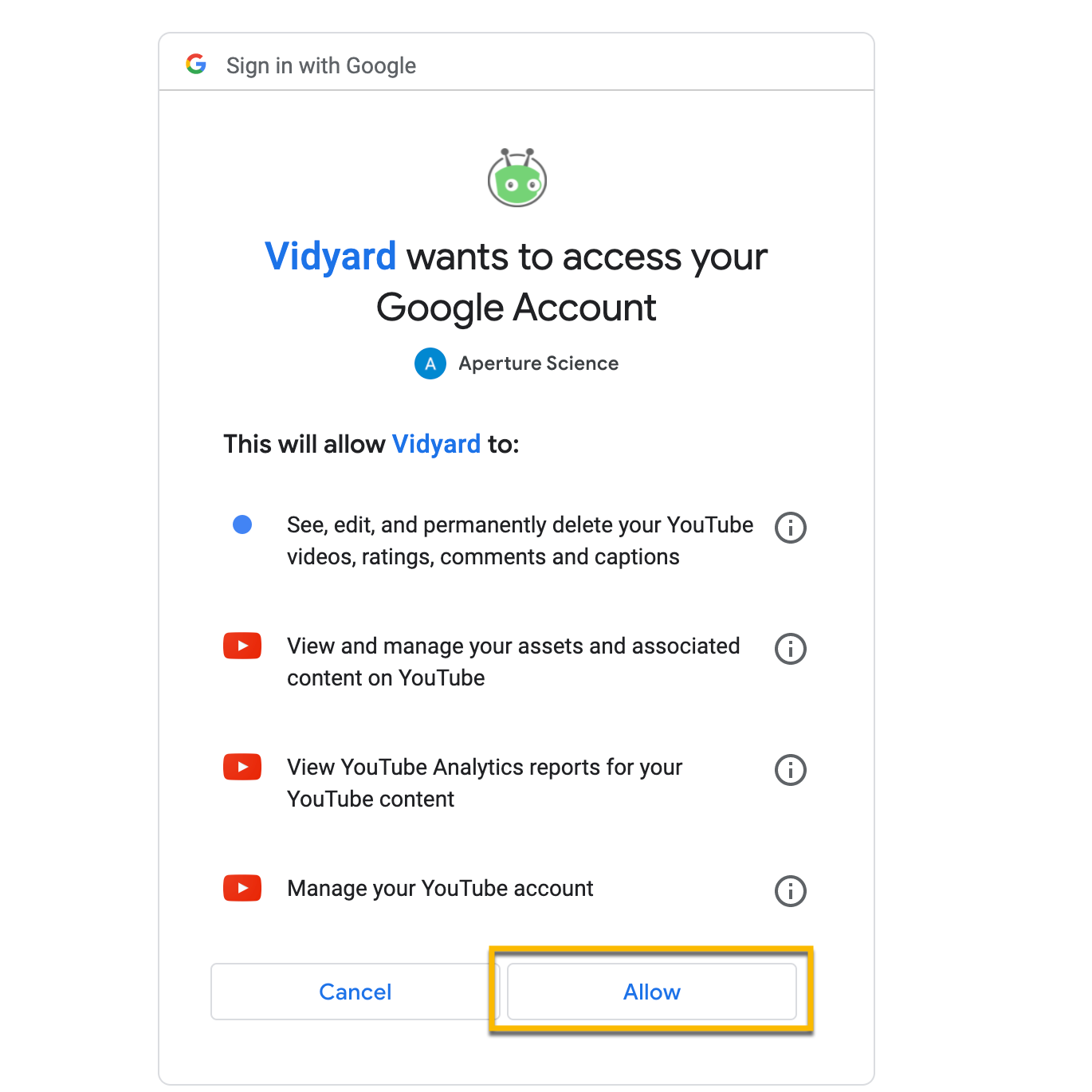 Prompt from Google asking you to review and allow Vidyard access to your account
