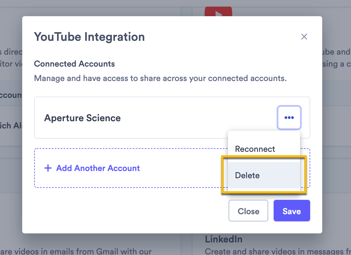 Selecting the option to delete your connection with a YouTube account