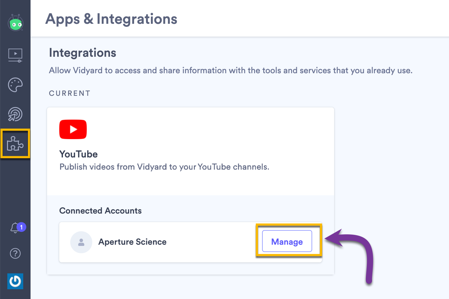 Vidyard integrations page showing how to manage YouTube connection