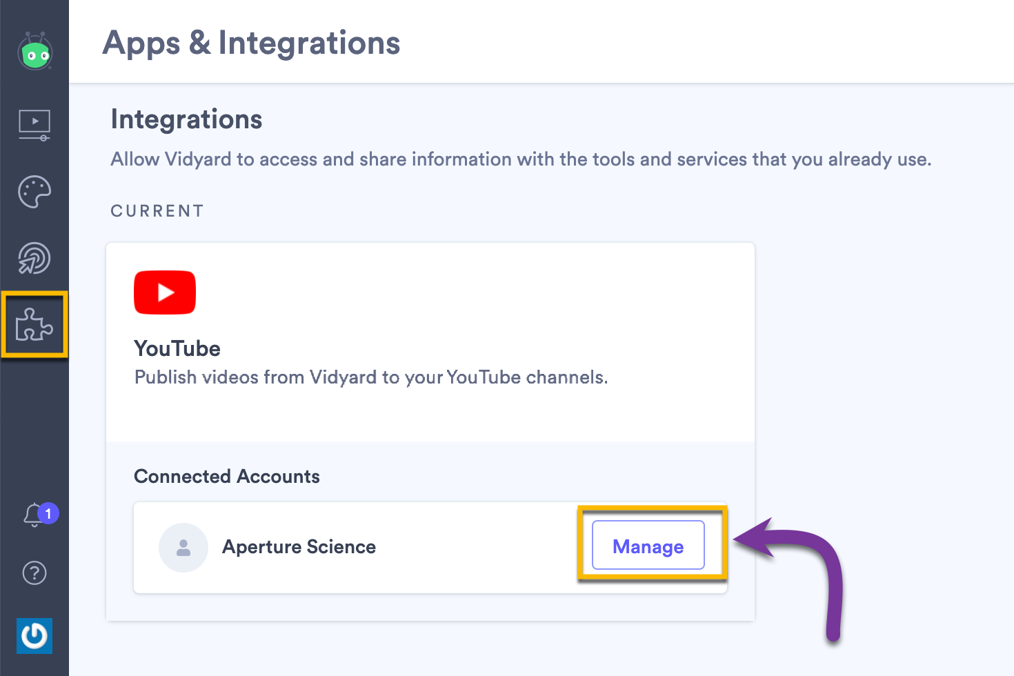 Managing your YouTube integration on the integrations page in Vidyard
