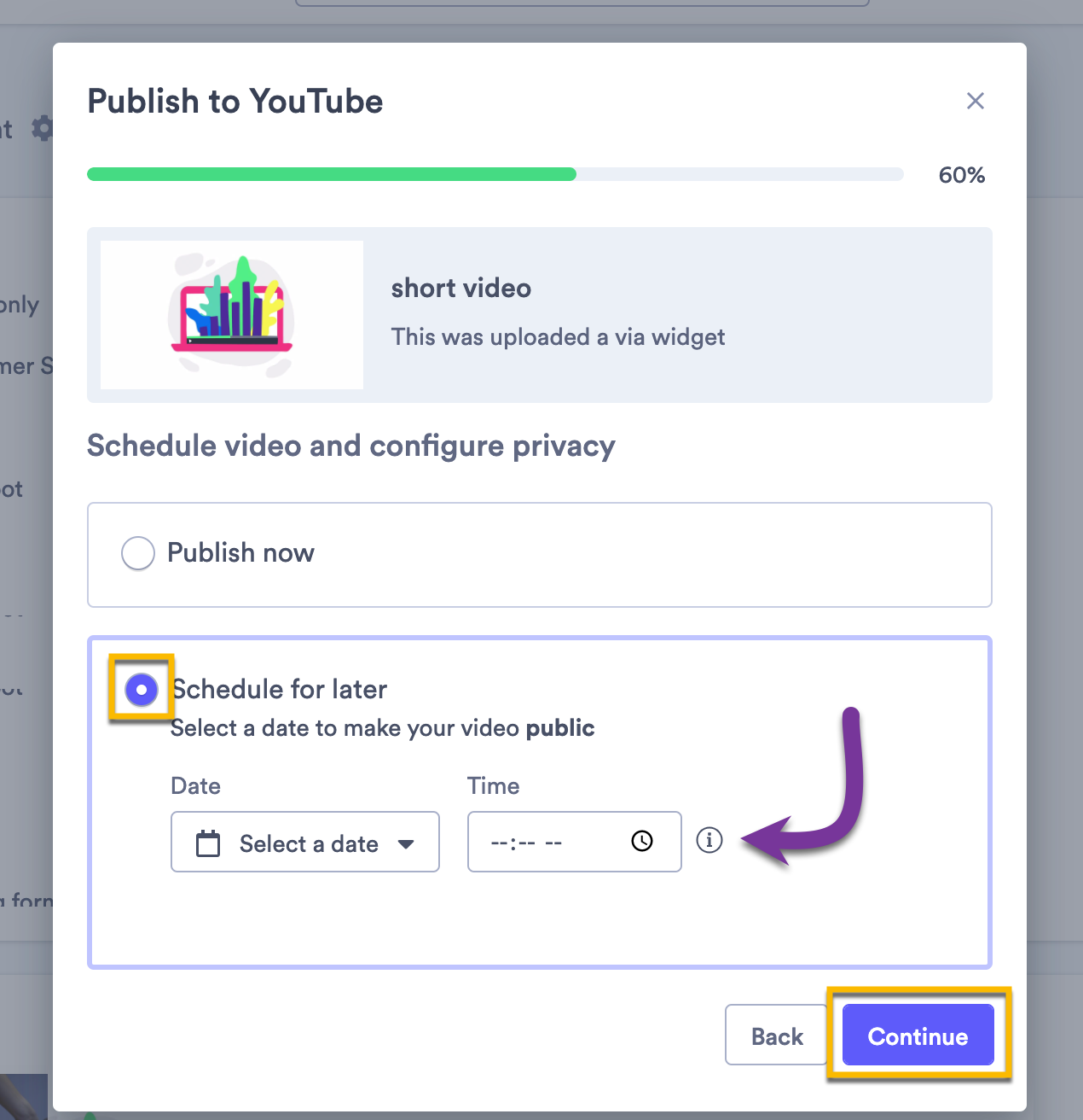 Selecting a date and time to publish your video publicly on YouTube