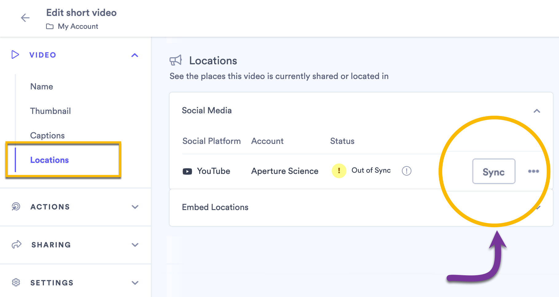 Under the Locations panel on the video editing page, selecting the Sync button to update your video on YouTube