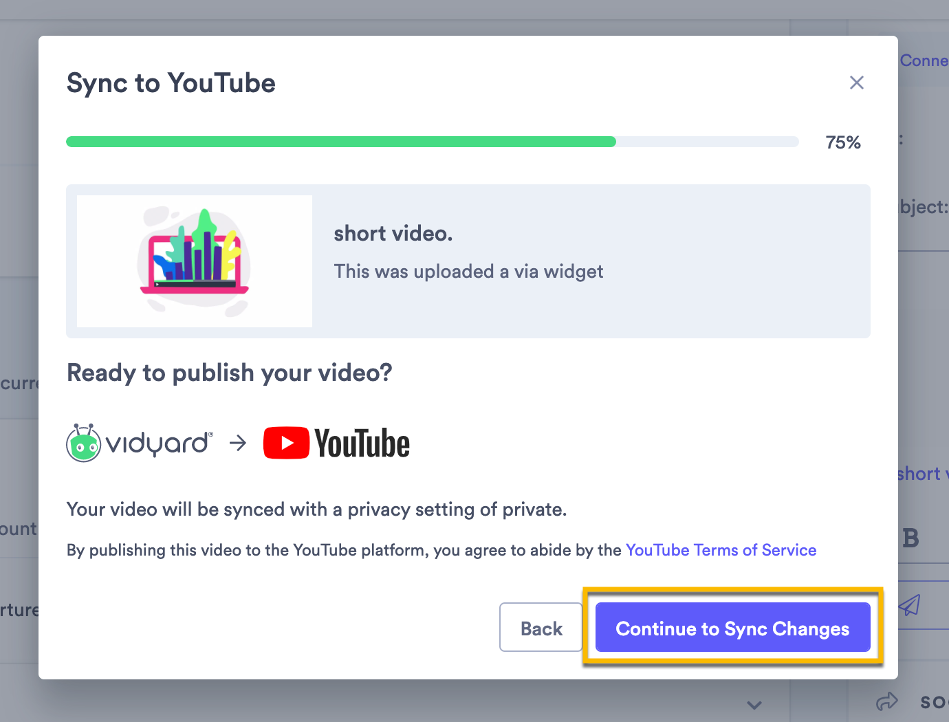 Last steps in the process to review and confirm that you want to sync changes to your video on YouTube