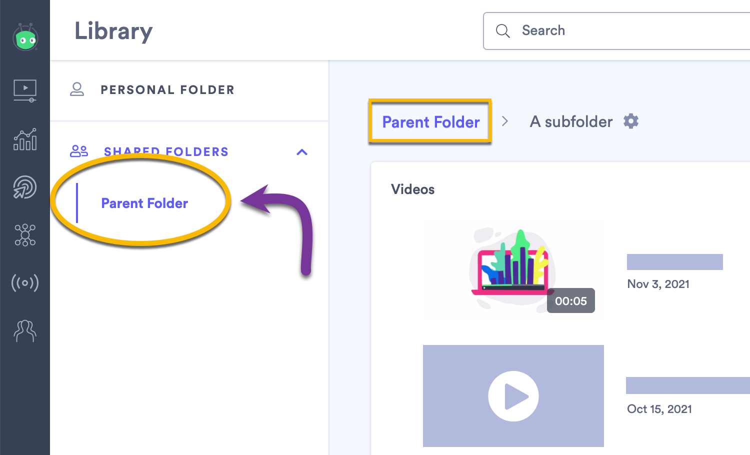 Switcing back into the Parent Folder in your account by clicking on its name in the video library