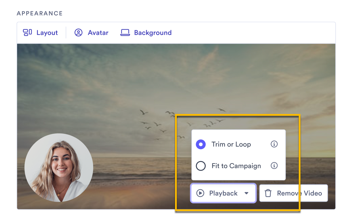 Campaign video appearance preview with option to select between background video playback styles