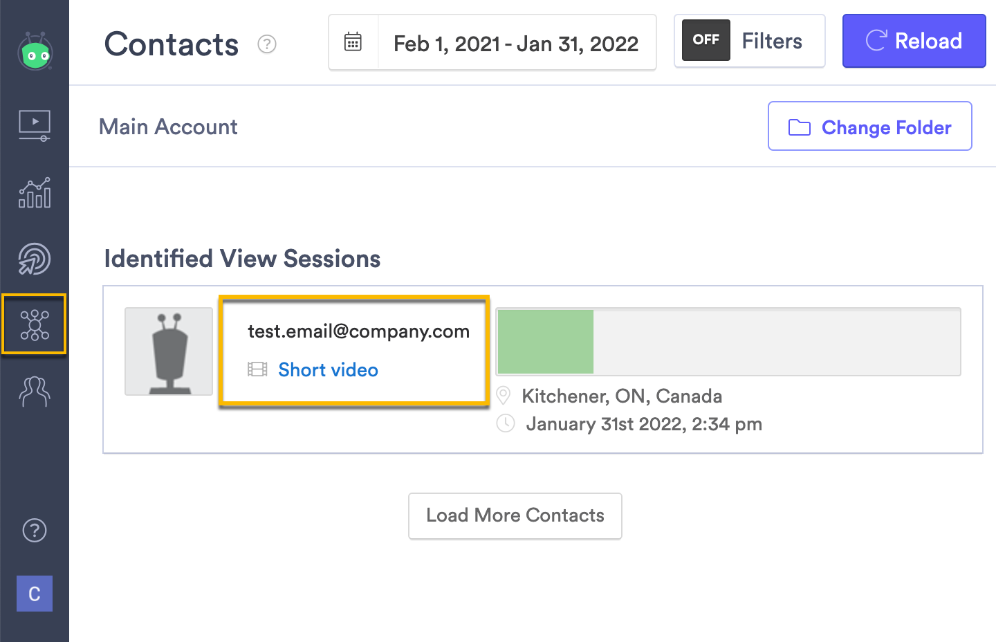 Vidyard Contacts Center, demonstrating a registered view from an email address