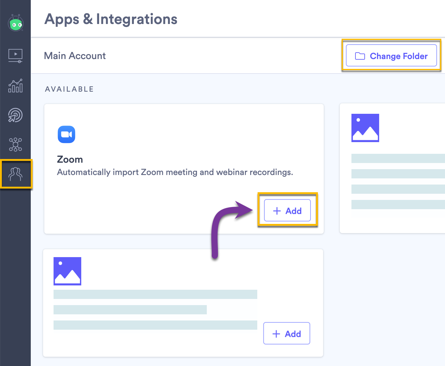 Adding Zoom to your Vidyard account on the integrations page